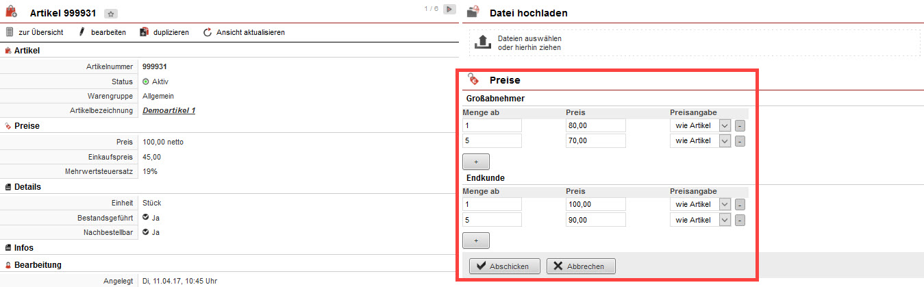 Screenshot geöffnete Artikelverwaltung mit markiertem Bereich „Preise“ zur Festlegung der Preise für die verschiedenen Preisgruppen