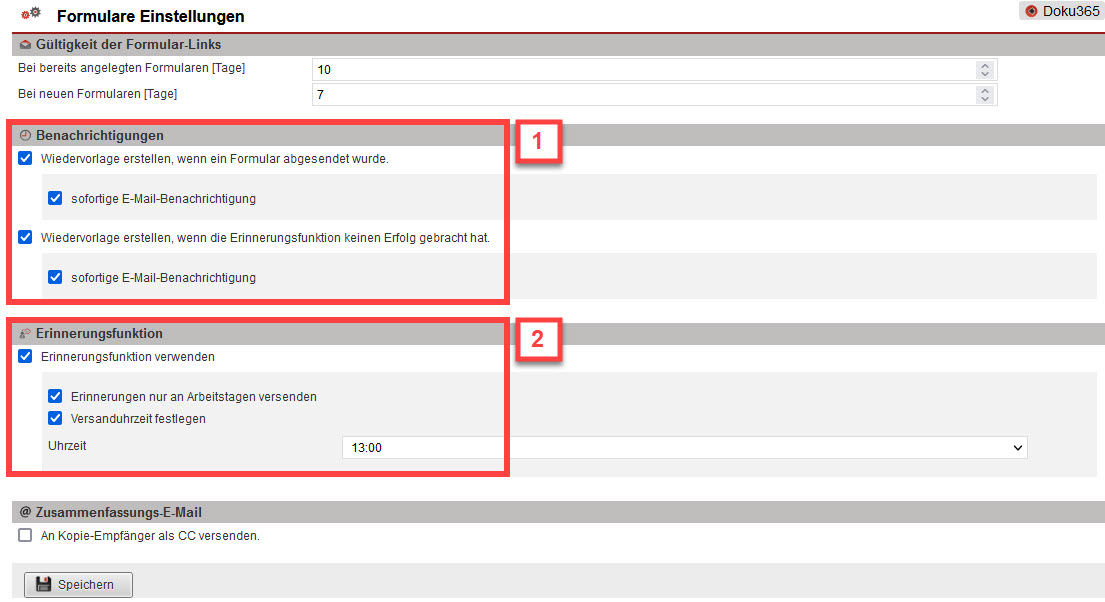 Screenshot geöffneter Einstellungsbereich „Formulare Einstellungen“ mit markierten Optionen bezüglich der Benachrichtigungs- und Erinnerungsfunktionen