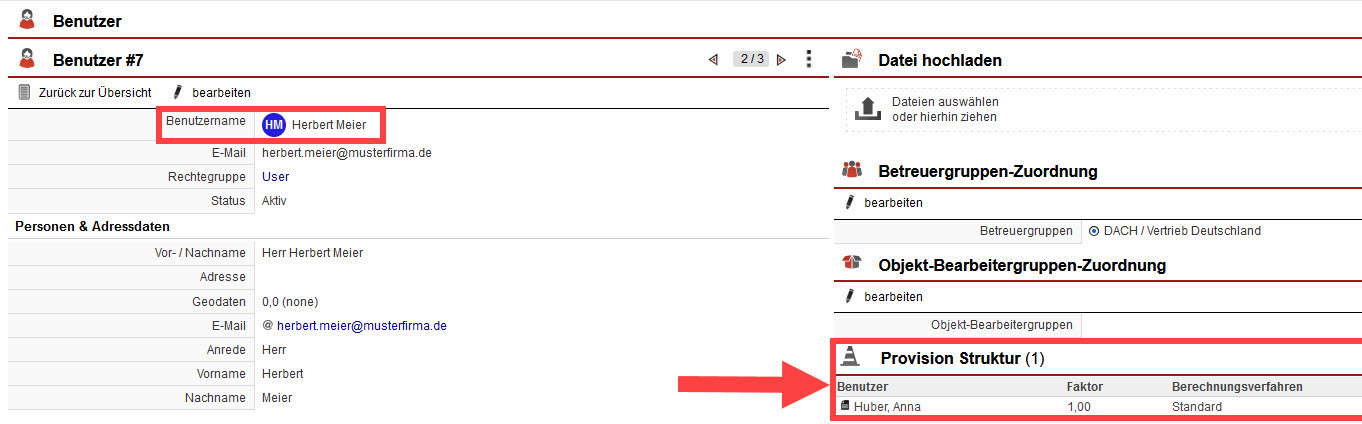 Screenshot geöffnete Benutzer-Account-Einstellungen mit markierter Provisionsstruktur