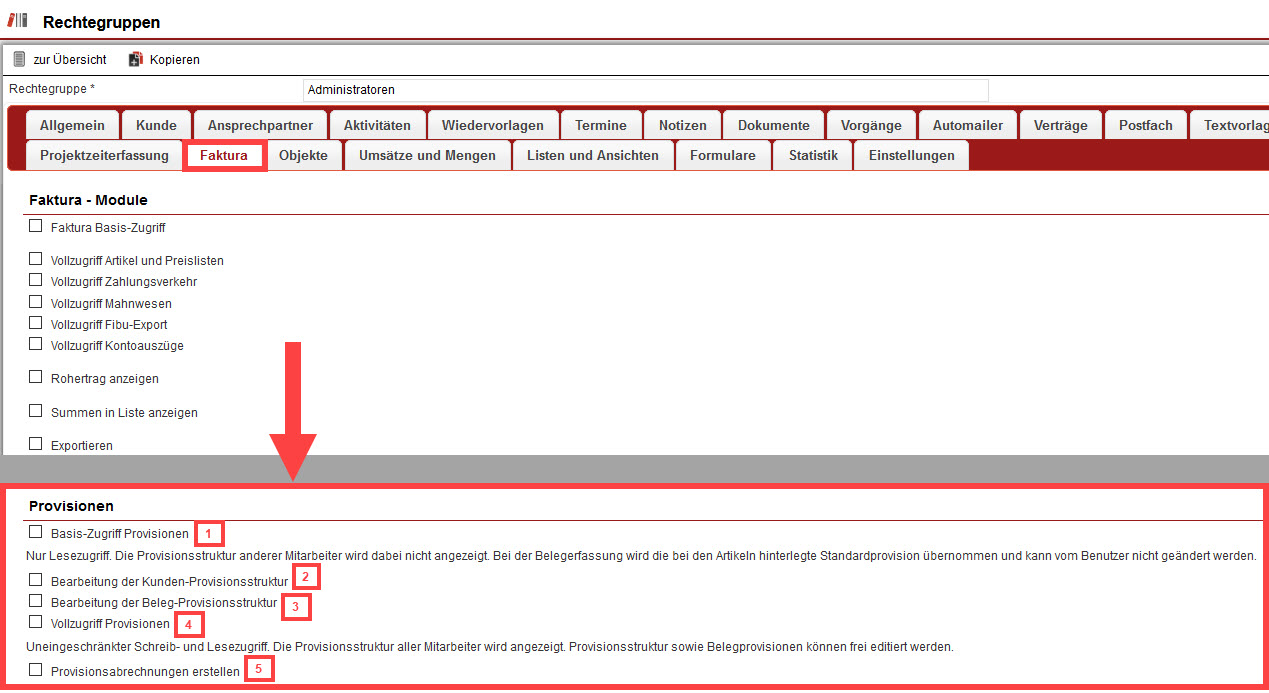 Screenshot geöffnete Einstellungen der „Rechtegruppen“ mit markiertem Bereich „Faktura“/„Provisionen“