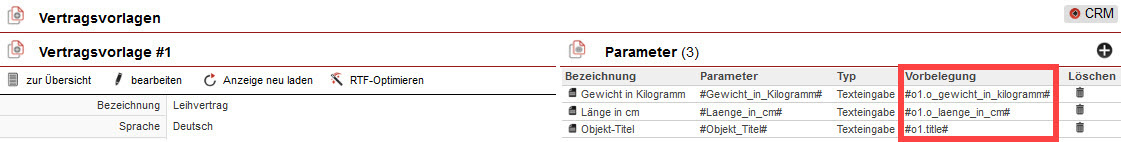 Screenshot geöffnete Vertragsvorlage mit markierten Variablen zur Vorbelegung einzelner Parameter