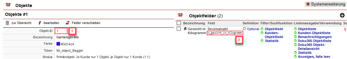 Screenshot geöffnete Objekt-Einstellungen eines Primärobjekts mit markierten Bestandteilen der Vorbelegungsvariable