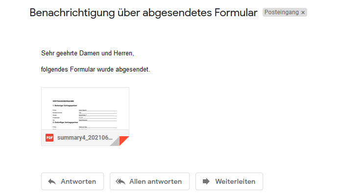 Screenshot einer Zusammenfassungs-E-Mail mit der Benachrichtigung über ein abgesendetes Formular
