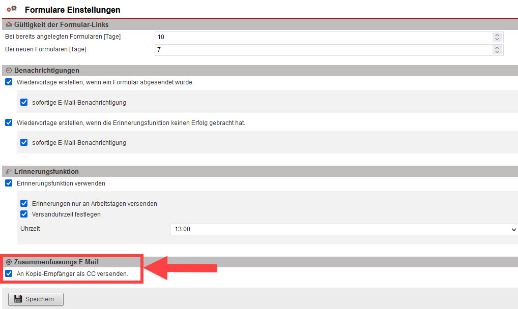 Screenshot geöffnetes Formular in den Einstellungen unter „Dokumentenportal“ im Bereich „Formulare“ mit markierten Eingabeoptionen bzgl. der Zusammenfassungs-E-Mail