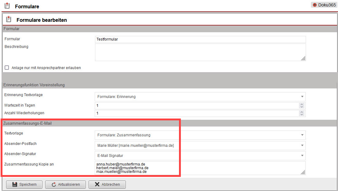 Screenshot geöffneter Bereich „Formulare Einstellungen“ unter „Dokumentenportal“ mit markierter Option „An Kopie-Empfänger als CC versenden“