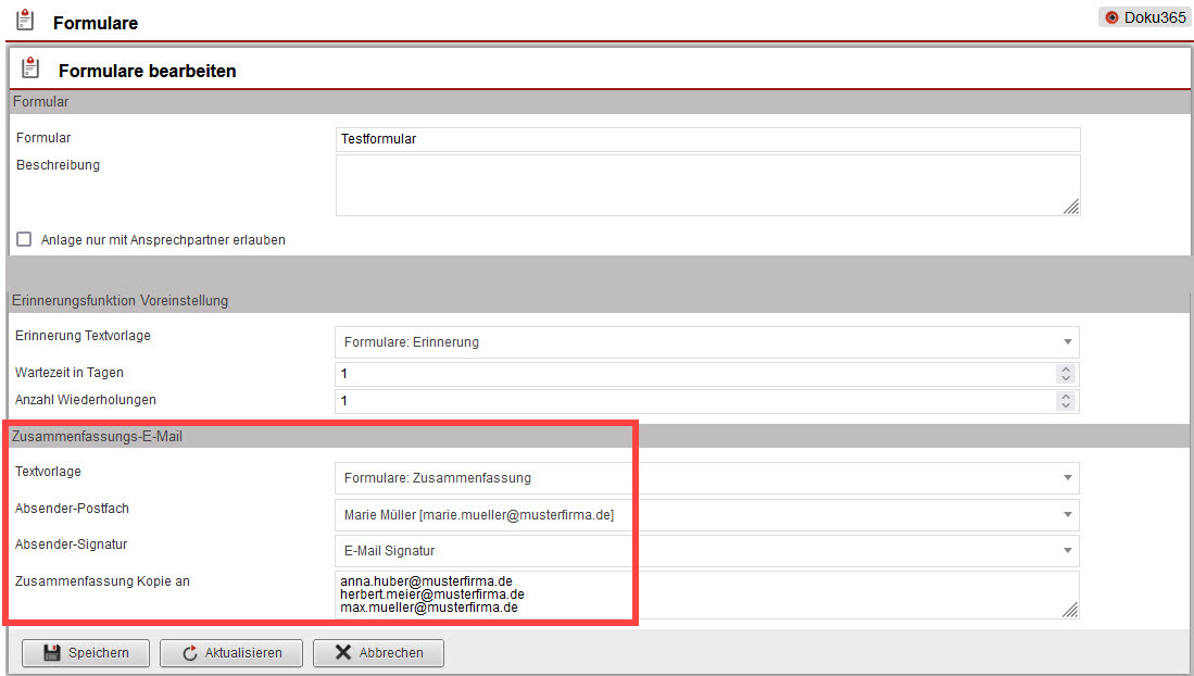 Screenshot geöffneter Bereich „Formulare Einstellungen“ unter „Dokumentenportal“ mit markierter Option „An Kopie-Empfänger als CC versenden“