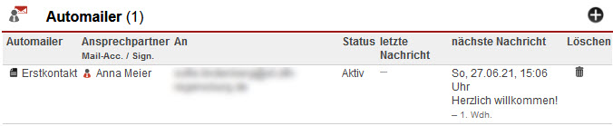 Screenshot eines angelegten Automailers im Kunden-Datensatz