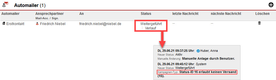Screenshot des Bereichs "Automailer" in einem geöffneten Kundendatensatz mit markiertem Status "weitergeführt"