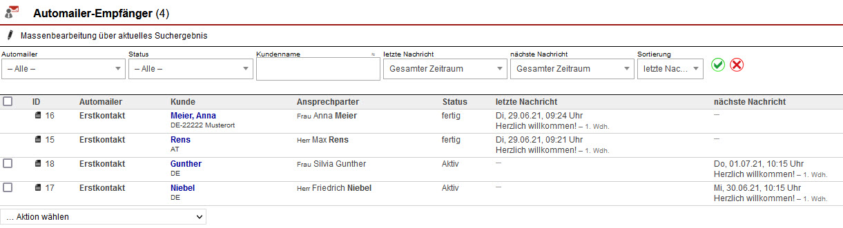 Screenshot geöffneter Bereich "Automailer Empfänger"