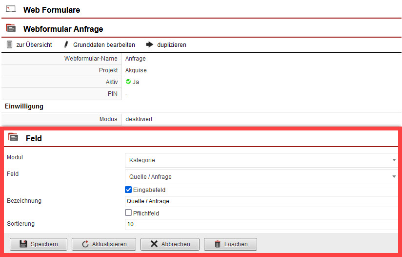 Screenshot geöffneter Anlagebereich eines Kategorie-Felds innerhalb eines Web-Formulars