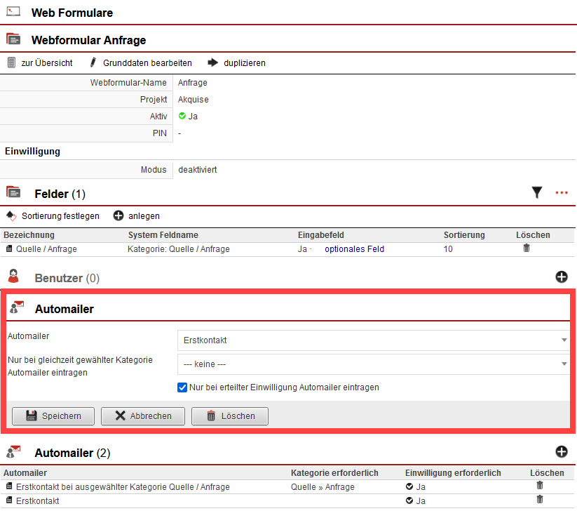 Screenshot geöffneter Anlagebereich des Automailers innerhalb eines Web-Formulars