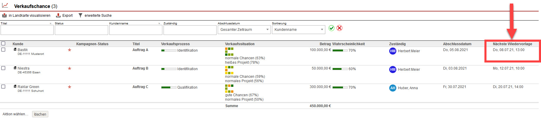 Screenshot geöffneter Bereich "Forecast" innerhalb der ameax Verkaufschancen mit markierter nächster Wiedervorlage