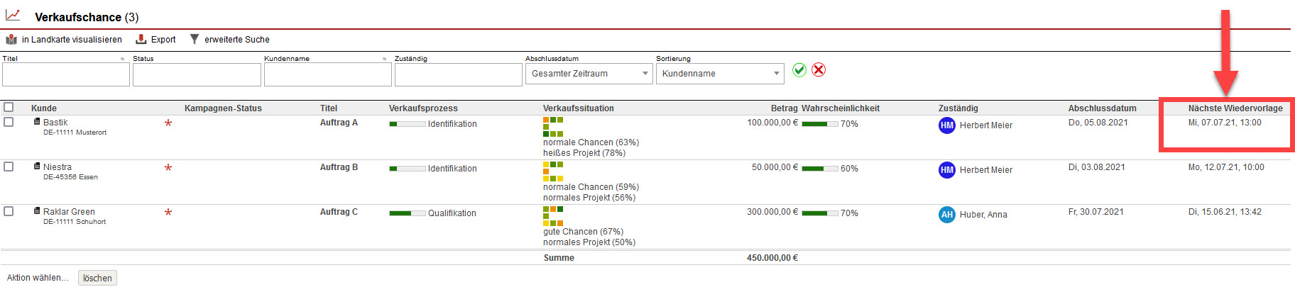 Screenshot geöffneter Bereich "Forecast" innerhalb der ameax Verkaufschancen mit markierter nächster Wiedervorlage