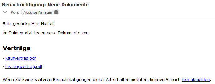 Screenshot Benachrichtigungs-E-Mail über neu hinterlegte Vertragsdokumente