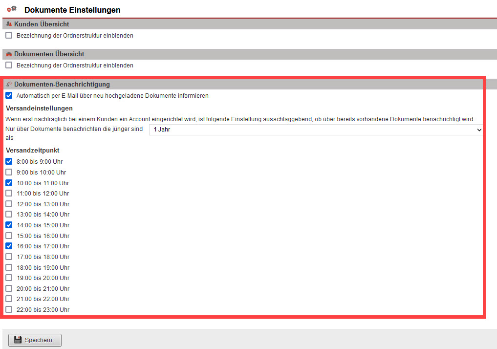 Screenshot geöffneter Einstellungsbereich "Dokumente Einstellungen" mit markiertem Bereich "Dokumenten-Benachrichtigung"