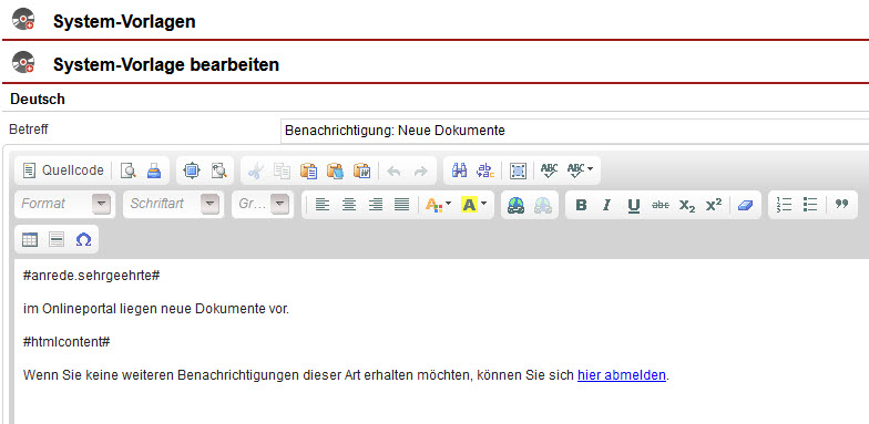 Screenshot geöffnete System-Vorlage "Benachrichtigung: Neue Dokumente"