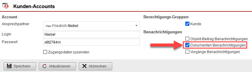 Screenshot geöffnete Anlage eines Kunden-Accounts für das Dokumentenportal