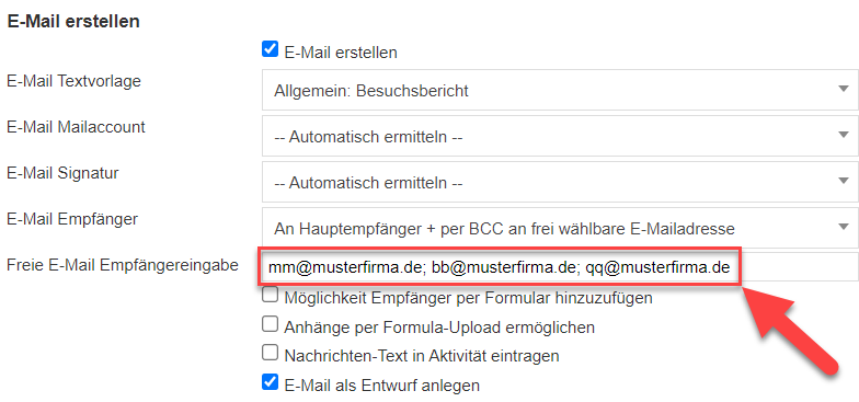 Screenshot Konfigurationsbereich eines Prozess-Buttons mit markierter Fläche für die freie E-Mail-Empfängerangabe