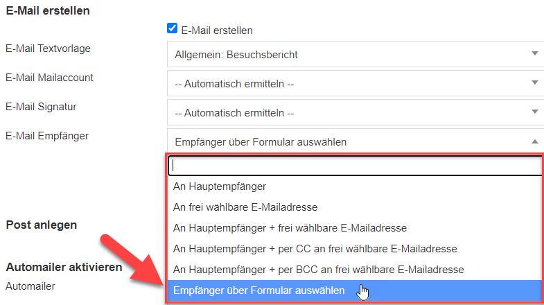 Screenshot Konfigurationsbereich eines Prozess-Buttons mit markierter Fläche für die Art der E-Mail-Empfängerangabe