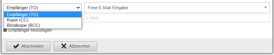 Screenshot Eingabeformular für die freie Angabe von E-Mail-Empfängern