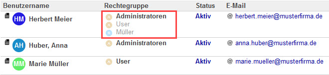 Screenshot geöffnete Benutzerübersicht mit markierten Rechtegruppen