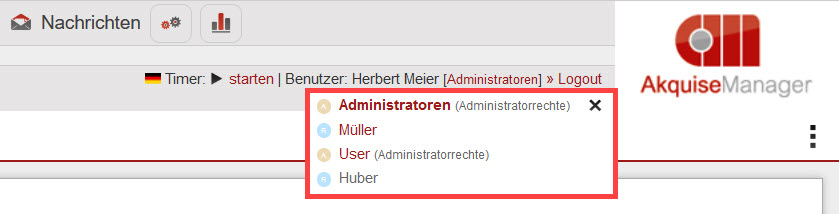 Screenshot geöffnetes Drop-Down-Menü zur Auswahl der alternativen Rechtegruppen