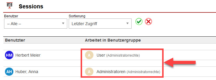 Screenshot geöffneter Bereich „Sessions“ mit markierten Benutzergruppen