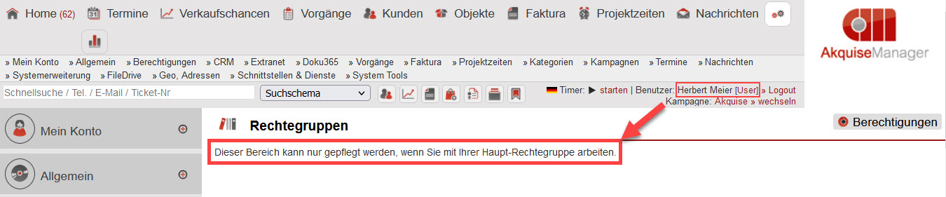 Screenshot geöffneter Einstellungsbereich „Rechtegruppen“ in der Ansicht einer alternativen Rechtegruppe mit Hinweis auf die Sperre aufgrund der alternativen Rechtegruppe