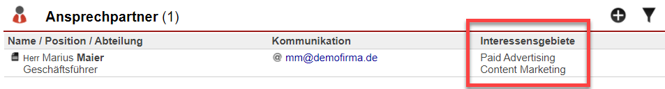 Screenshot von bei einem Ansprechpartner hinterlegten Zusatzfeld-Kategorie-Eintragungen