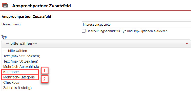 Screenshot geöffneter Bereich zur Anlage eines Ansprechpartner Zusatzfelds mit markierten Feldtypen „Kategorie“ und „Mehrfach-Kategorie“