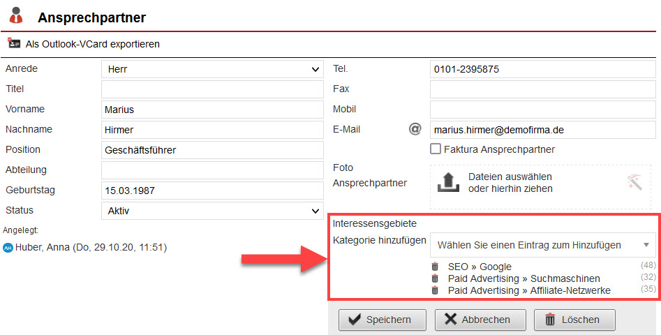 Screenshot geöffnete Bearbeitungsmaske eines Ansprechpartners mit markierten ausgewählten Kategorien