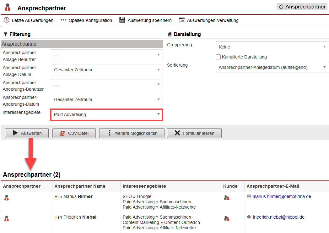 Screenshot geöffneter Statistik-Bereich „Ansprechpartner“ mit markierter Filterung