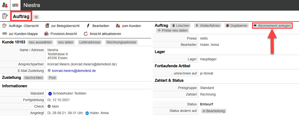 Screenshot geöffneter Auftrag mit markiertem Button "Abonnement anlegen"