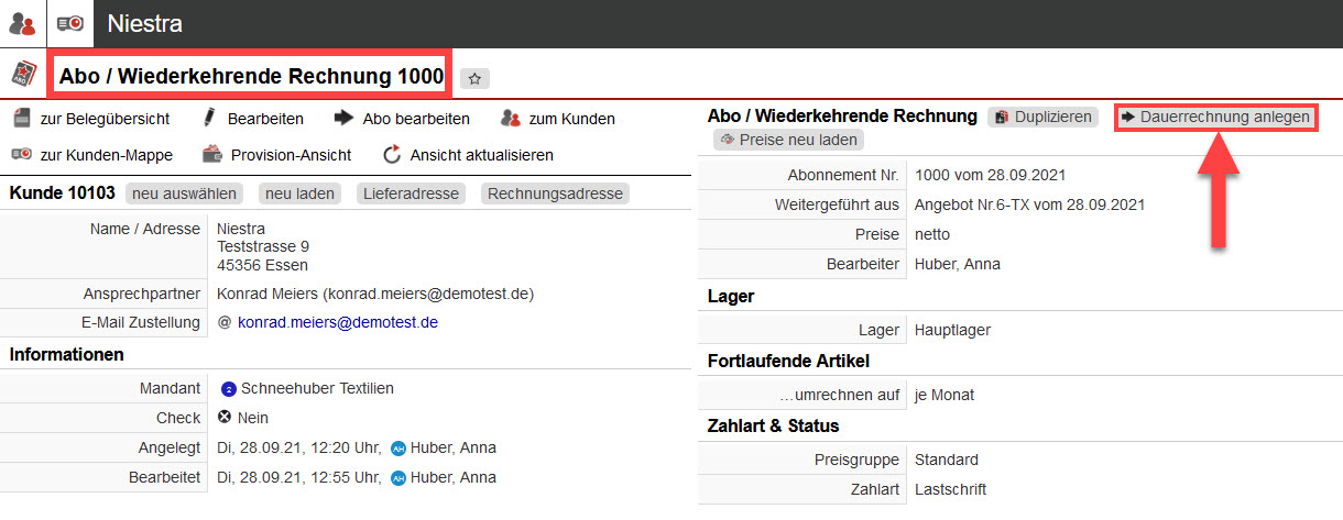 Screenshot geöffnetes Abo bzw. wiederkehrende Rechnung mit markiertem Button "Dauerrechnung anlegen"