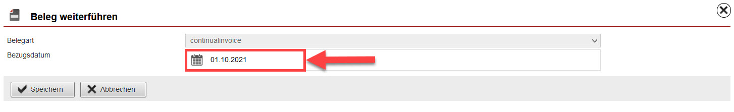 Screenshot geöffneter Bereich zur Anlage einer Dauerrechnung innerhalb eines Abonnements mit markiertem Bezugsdatum
