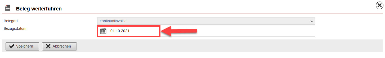 Screenshot geöffneter Bereich zur Anlage einer Dauerrechnung innerhalb eines Abonnements mit markiertem Bezugsdatum