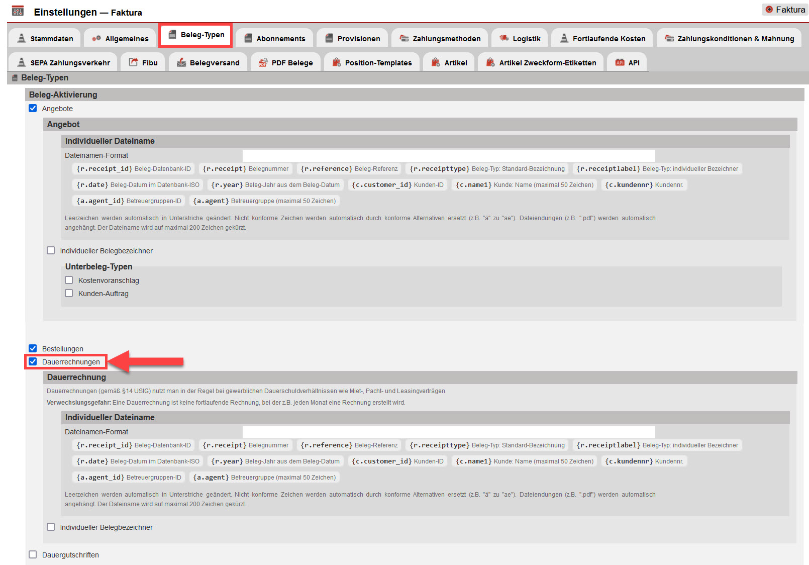 Screenshot geöffneter Reiter "Beleg-Typen" in den Einstellungen des Bereichs Faktura mit markiertem Beleg-Typ "Dauerrechnungen"