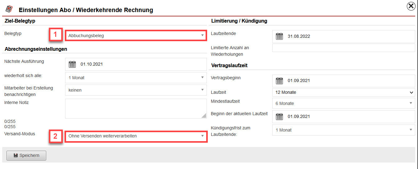 Screenshot geöffnete Abrechnungseinstellungen innerhalb eines Abonnements mit markiertem Belegtyp "Abbuchungsbeleg" und markiertem Versand-Modus "Ohne Versenden weiterverarbeiten"