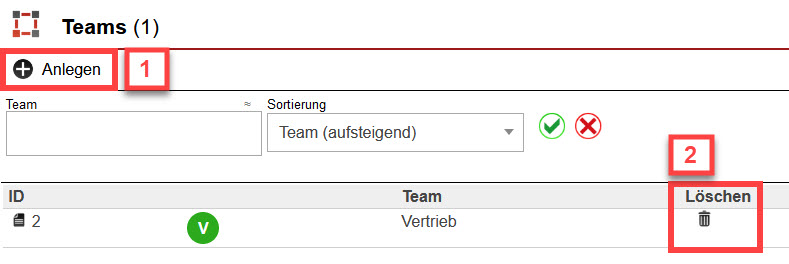 Screenshot geöffneter Einstellungsbereich "Teams" mit markierten Buttons "Anlegen" und "Löschen"