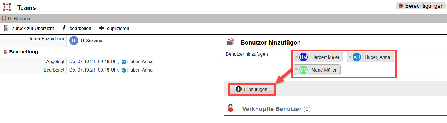 Screenshot geöffnetes Team "IT-Service" mit markiertem Bereich, in welchem Benutzer zum Team hinzugefügt werden können