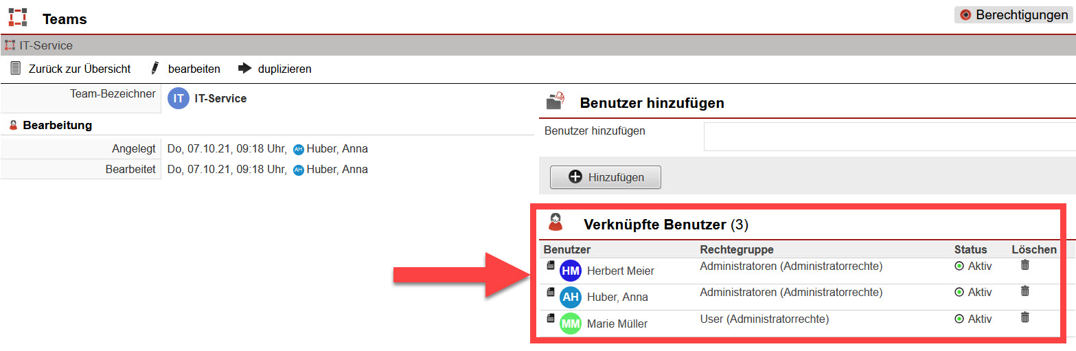 Screenshot geöffnetes Team "IT-Service" mit markiertem Bereich "Verknüpfte Benutzer"