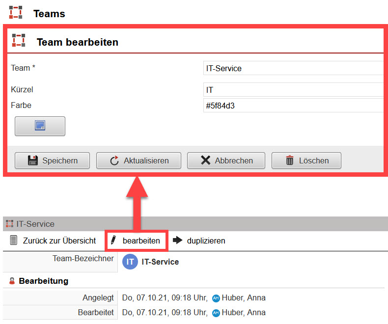 Screenshot geöffneter Bereich zur Bearbeitung eines Teams