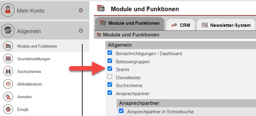 Einstellungsbereich zum Aktivieren der Funktion "Teams"