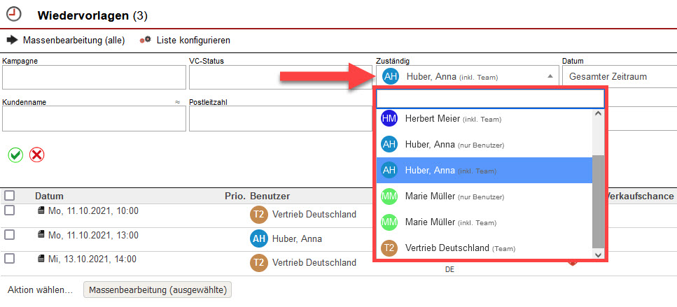 Screenshot geöffnete Wiedervorlagen-Übersicht mit markiertem Filterbereich bzgl. der Zuständigkeit