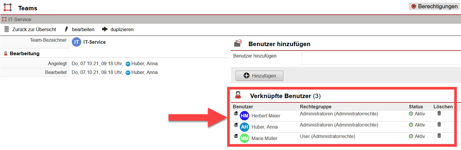 Screenshot geöffnetes Team “IT-Service” mit markiertem Bereich "Verknüpfte Benutzer"