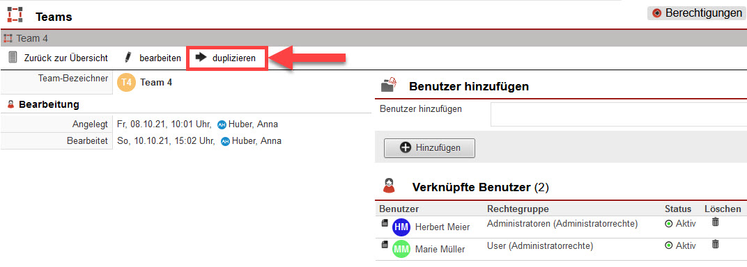 Screenshot geöffnetes Team mit markiertem Button "duplizieren"