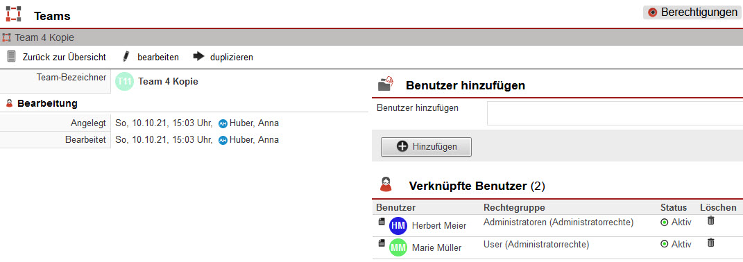 Screenshot geöffnetes, durch Duplikation erstelltes Team