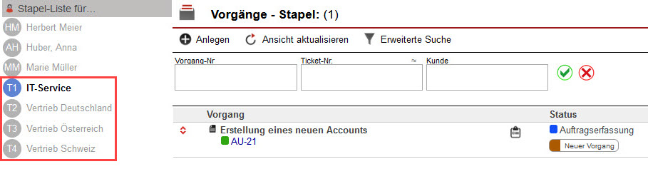 Screenshot geöffnete Übersicht "Stapel" mit markierten Team-Stapeln