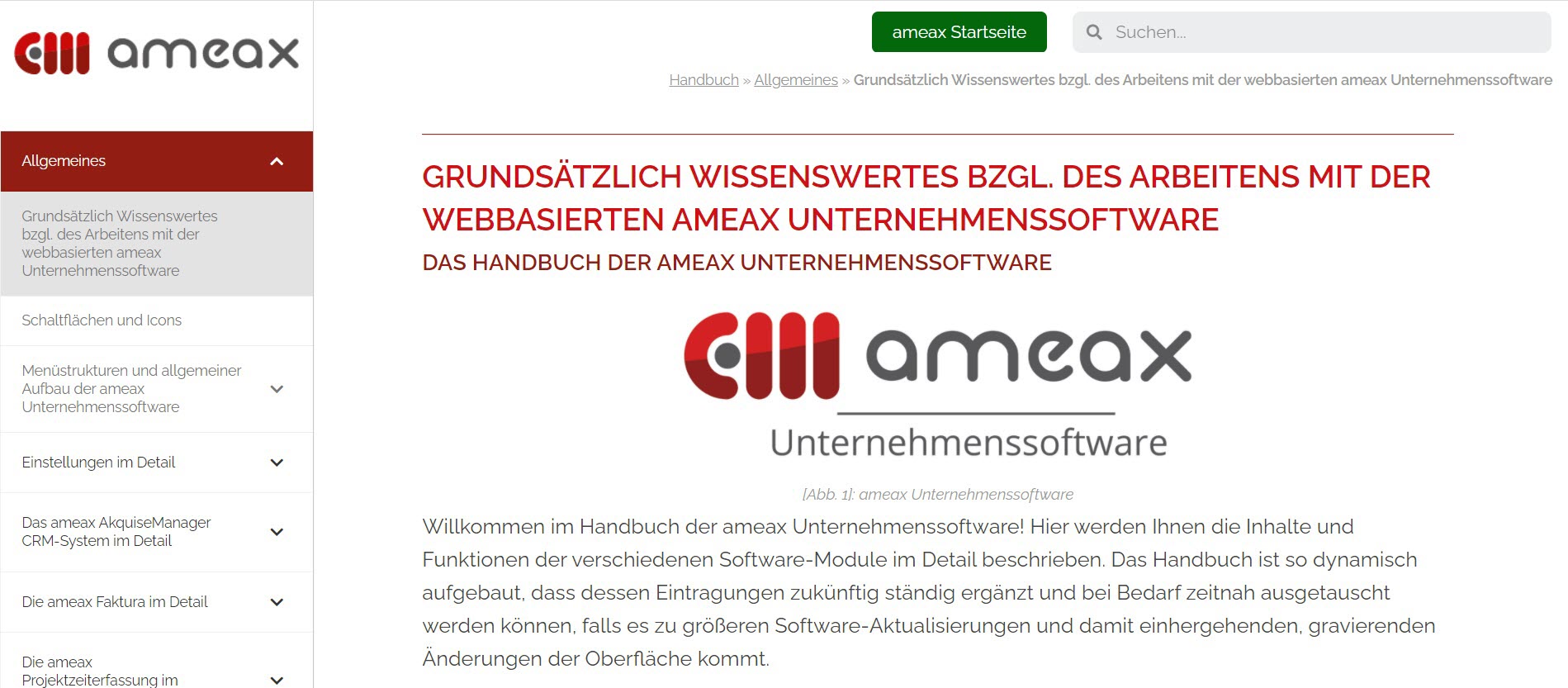 Screenshot des neuen Handbuchs der ameax Unternehmenssoftware