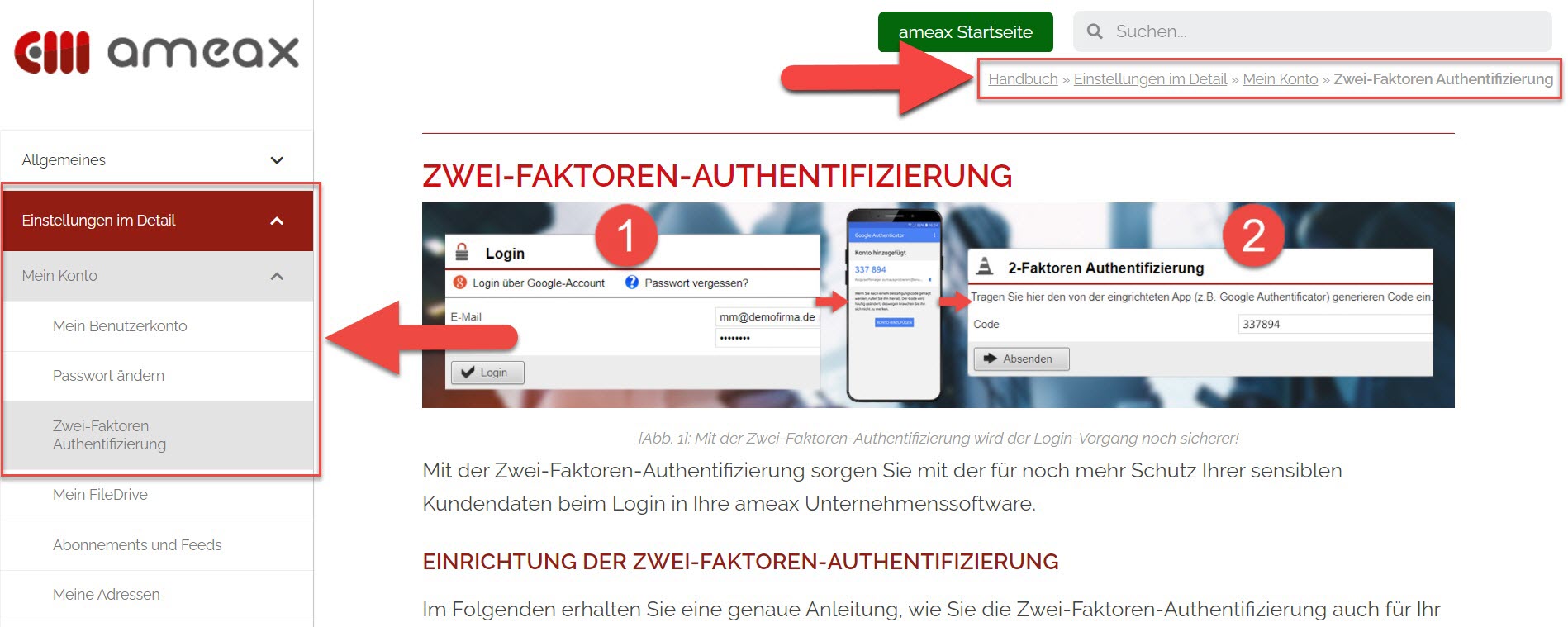 Screenshot des neuen Handbuchs der ameax Unternehmenssoftware mit verschiedenen Markierungen